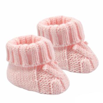 Babyschuh -Strickschuh mit großem Zopfmuster und Schleife, rosa