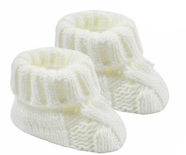 Babyschuh -Strickschuh mit großem Zopfmuster und Schleife, weiß