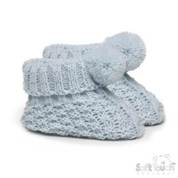Babyschuh -Strickschuh mit Zopfmuster und Bommel, hellblau, newborn