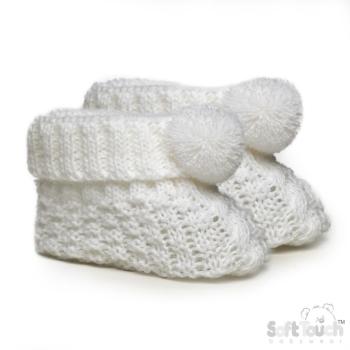 Babyschuh -Strickschuh mit Zopfmuster und Bommel, weiß, newborn