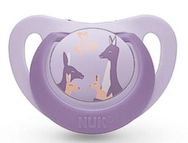 Schnuller lila mit Ring, Motiv Känguruh mit Babysg, Motiv Seepferdchenmama mit Baby