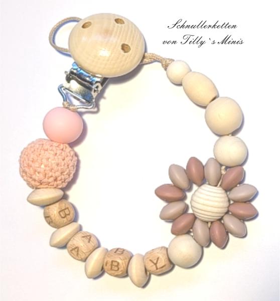 Schnullerkette Blume, braun-lachs