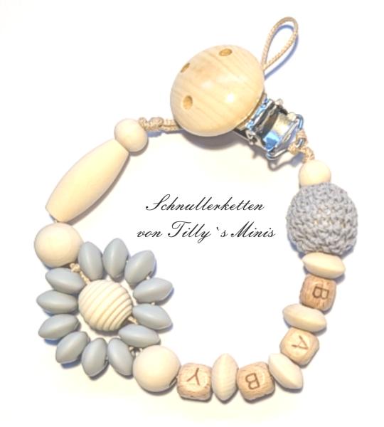 Schnullerkette Blume, grau