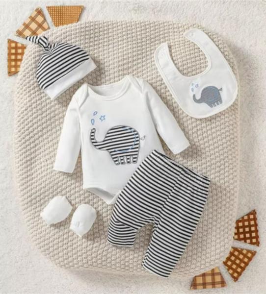 Vierteiler, Body langarm, Hose, Zipfelmütze, Lätzchen, Handschuhe, Gr. 50-52