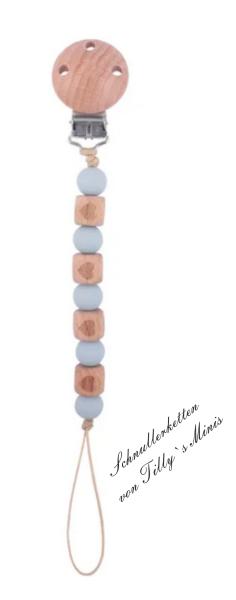Schnullerkette Holzperlen mit Herz und Silikonperlen, hellblau