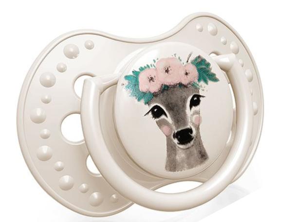 Schnuller für die ganz Kleinen Reh mit Blume, beigeit Motiv Blumen und Schriftzug Wild soul