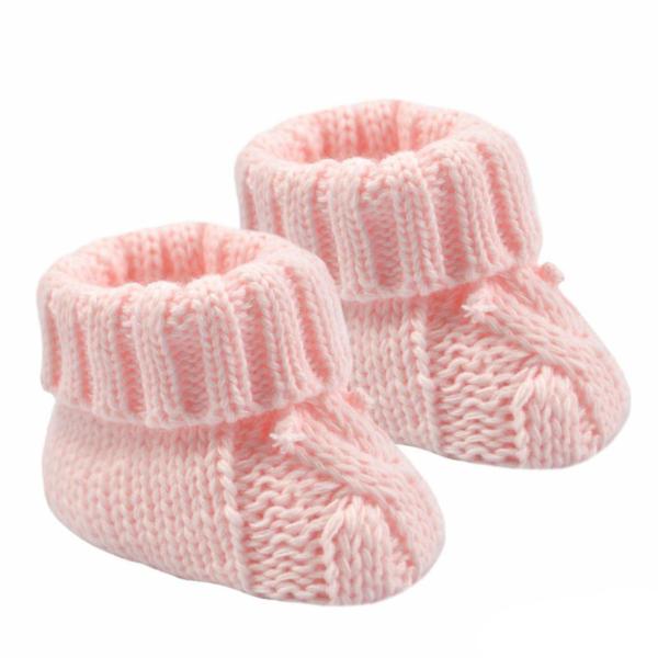 Babyschuh -Strickschuh mit großem Zopfmuster und Schleife, rosa