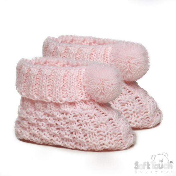 Babyschuh -Strickschuh mit Zopfmuster und Umschlag,rosa