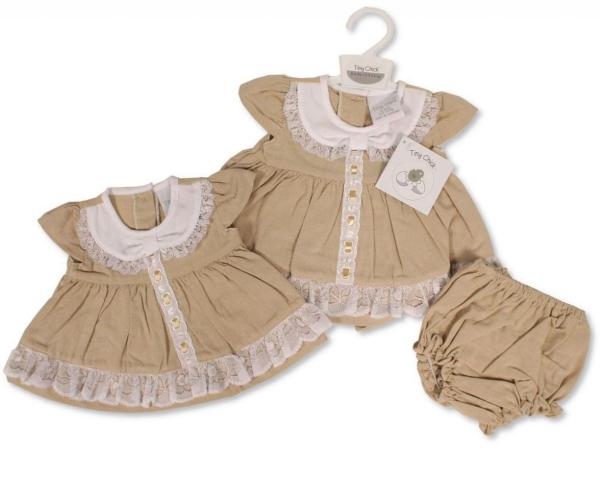 Kleidchen mit Schleifen und Spitzen, kurzer Unterhose, taupe,Gr. 44/46 cm